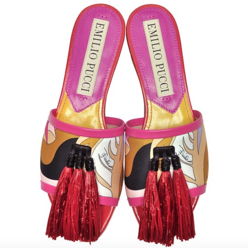 EMILIO PUCCI Printed Slide Sandals with Tassels 38